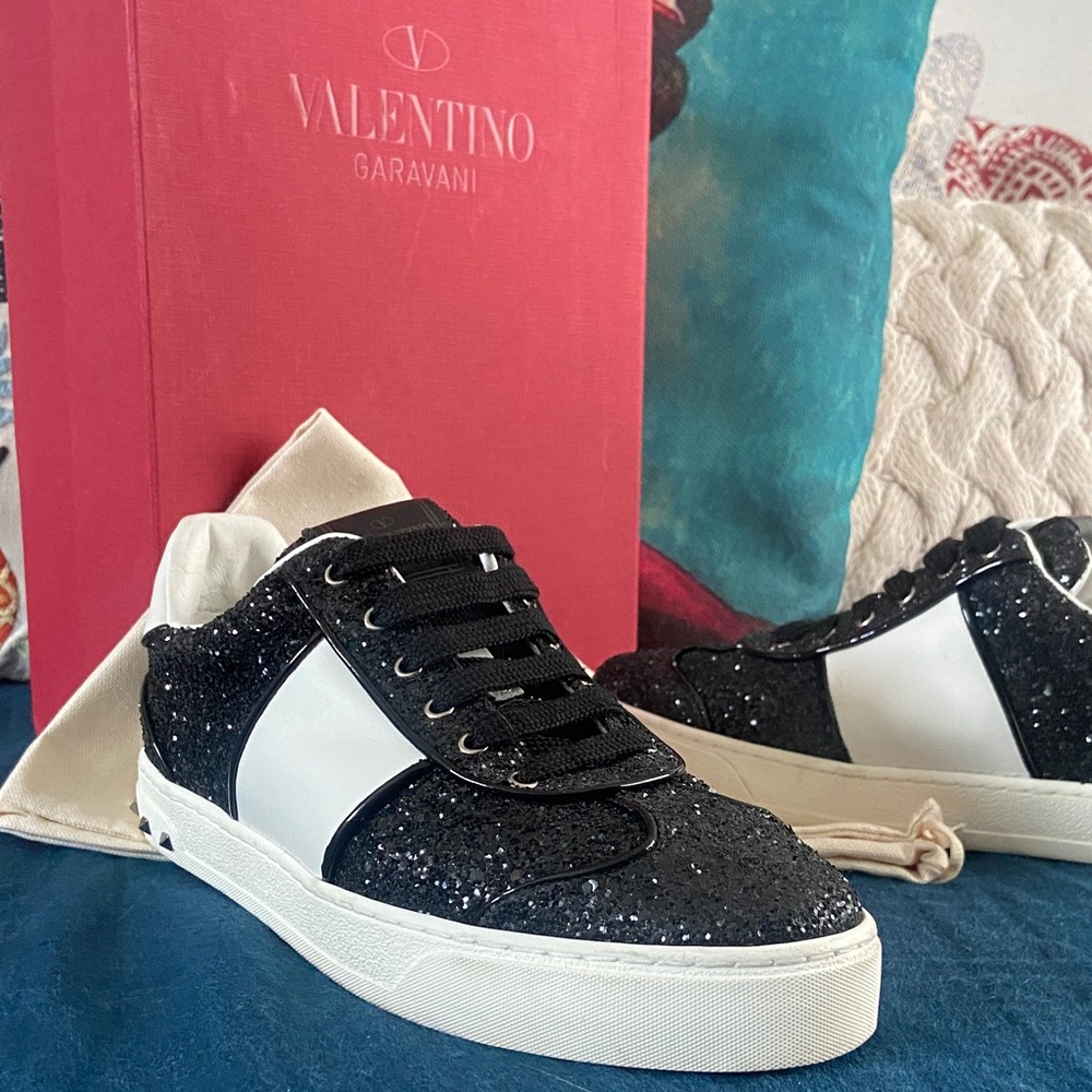 Valentino Garavani Black Glitter Sneakers with White Accents